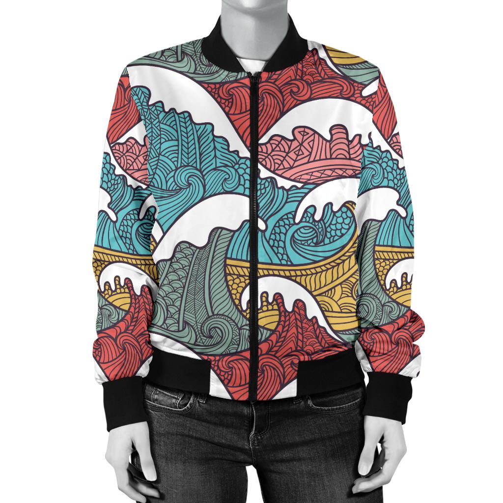 Tribal Wave Pattern Print Women Casual Bomber Jacket