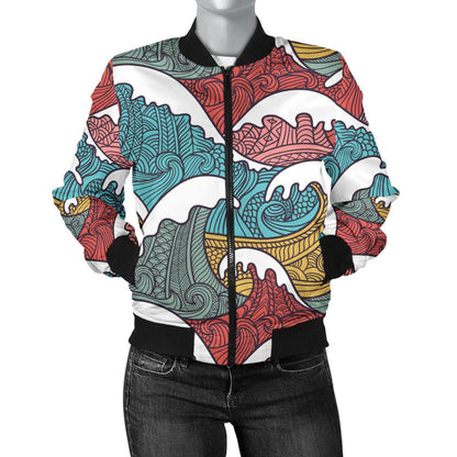 Tribal Wave Pattern Print Women Casual Bomber Jacket