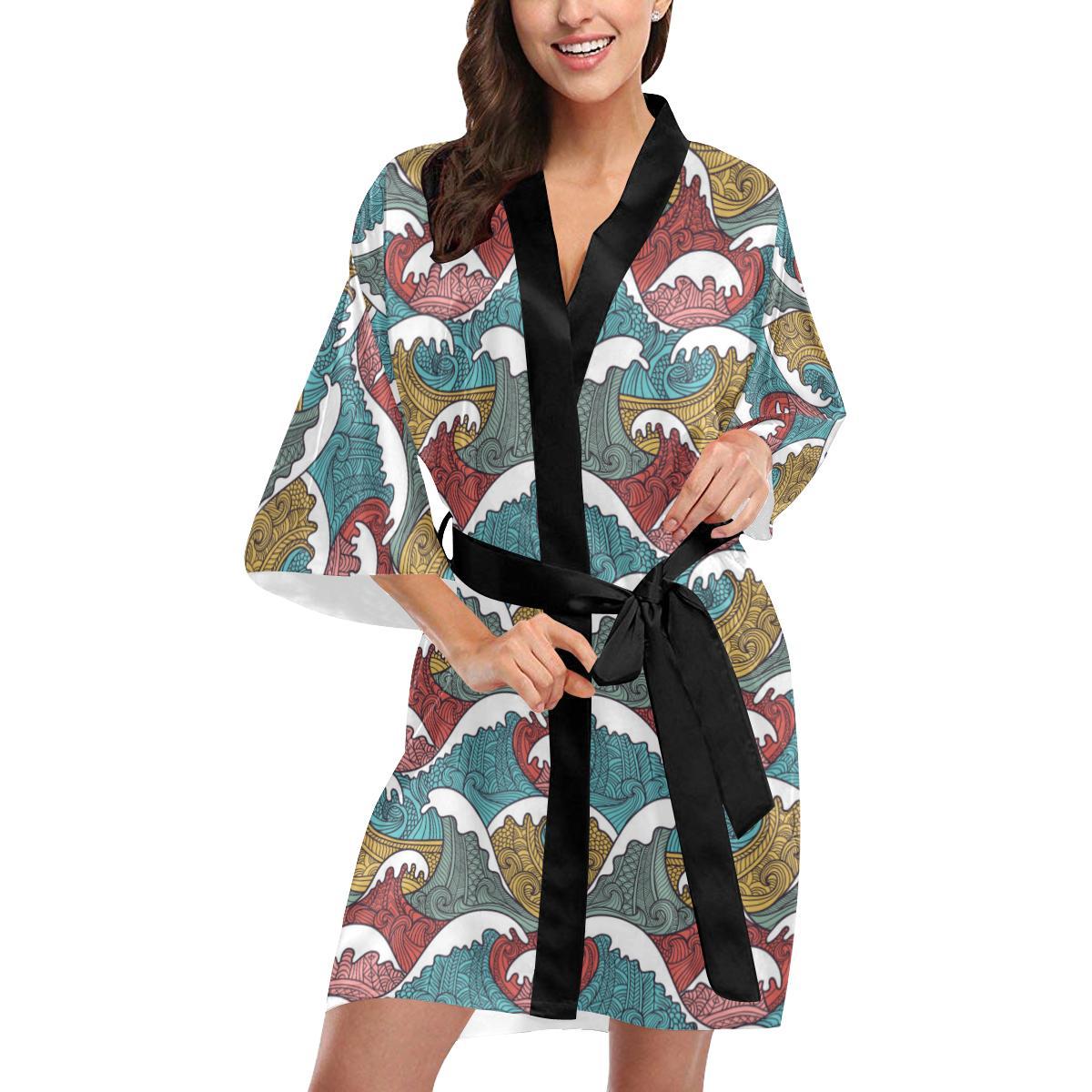 Tribal Wave Pattern Print Women Short Kimono Robe
