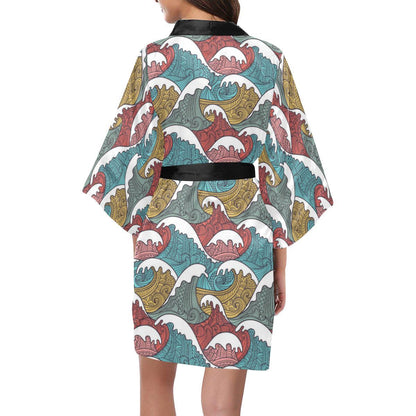 Tribal Wave Pattern Print Women Short Kimono Robe