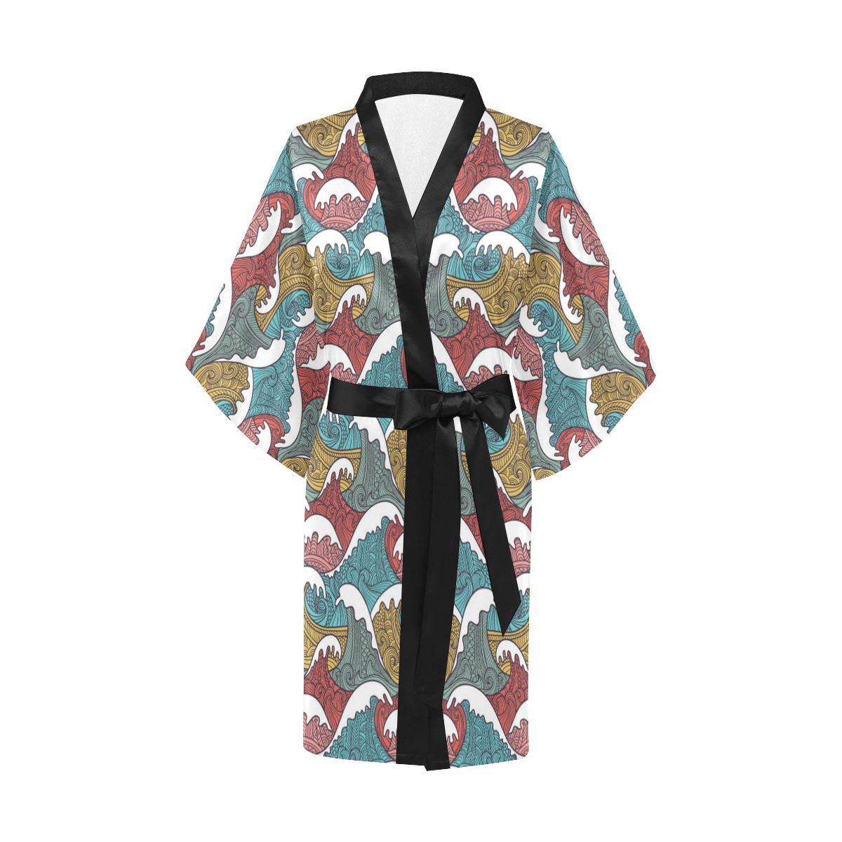 Tribal Wave Pattern Print Women Short Kimono Robe
