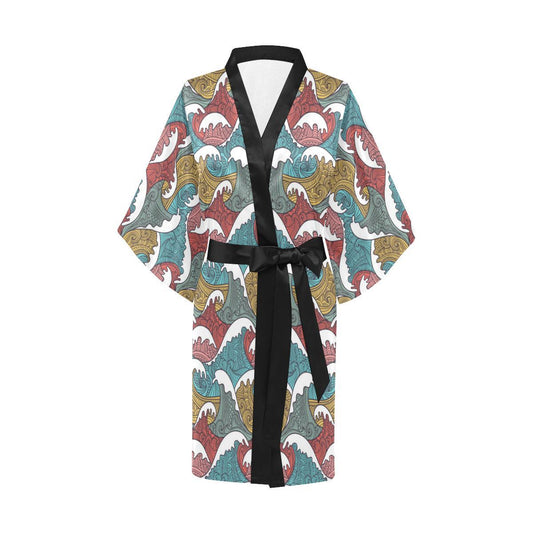 Tribal Wave Pattern Print Women Short Kimono Robe