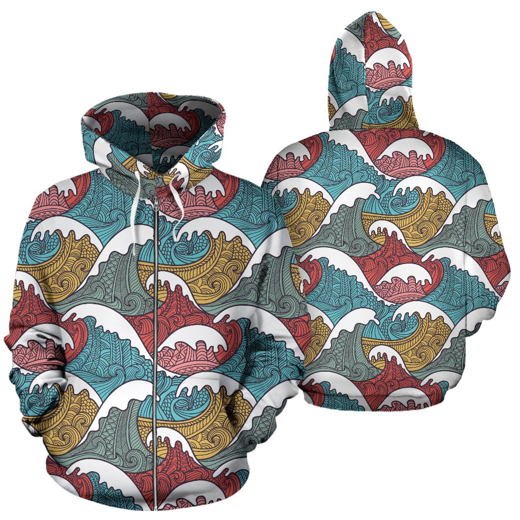 Tribal Wave Pattern Print Zip Up Hoodie