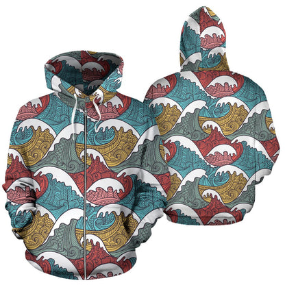 Tribal Wave Pattern Print Zip Up Hoodie