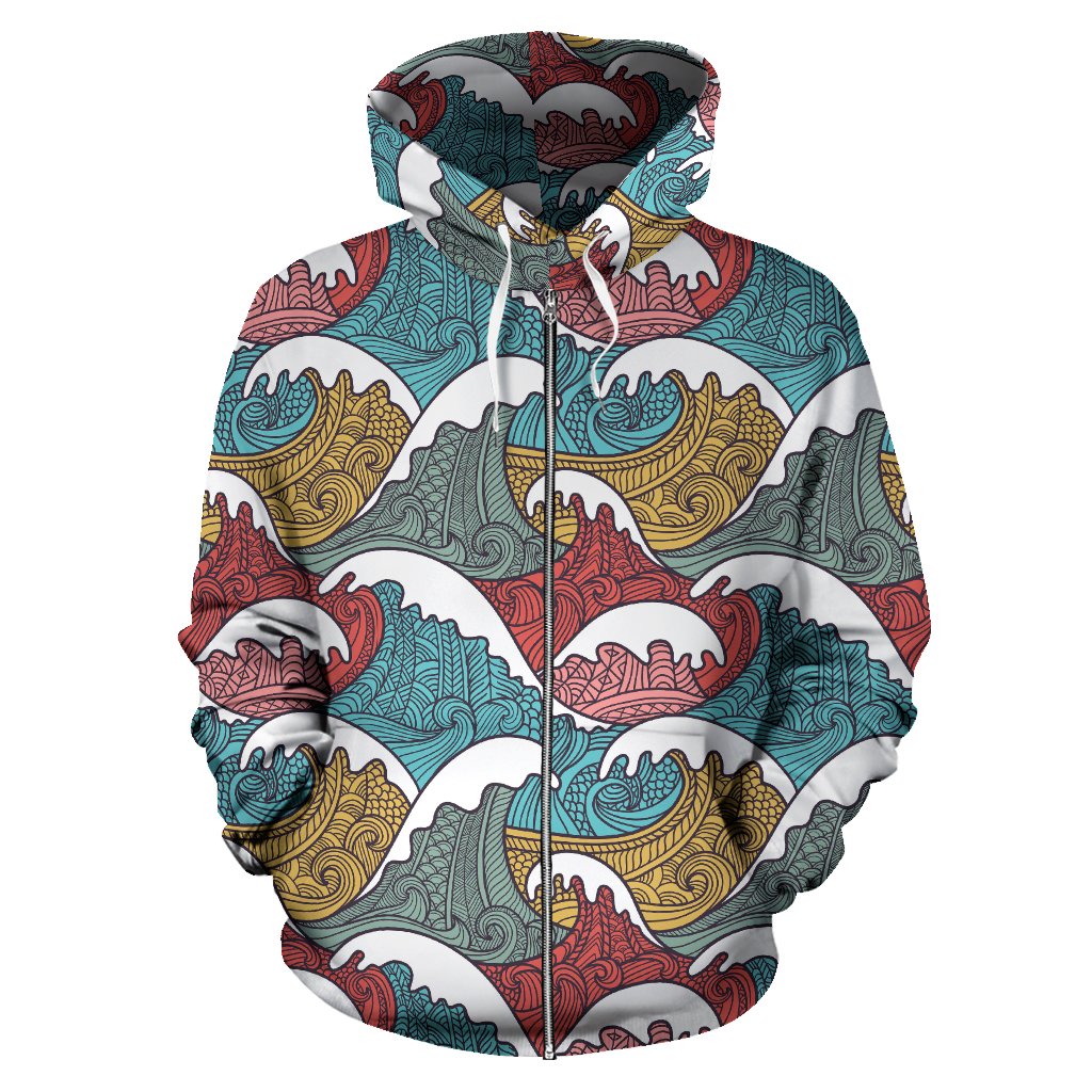 Tribal Wave Pattern Print Zip Up Hoodie