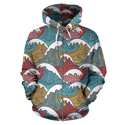 Tribal Wave Pattern Print Zip Up Hoodie