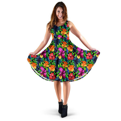 Tropical Flower Colorful Print Sleeveless Dress