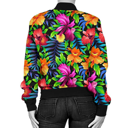 Tropical Flower Colorful Print Women Casual Bomber Jacket