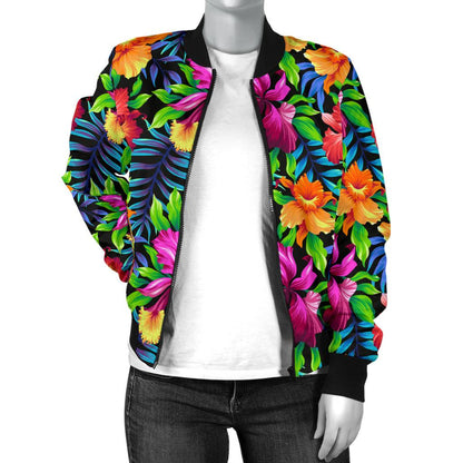 Tropical Flower Colorful Print Women Casual Bomber Jacket
