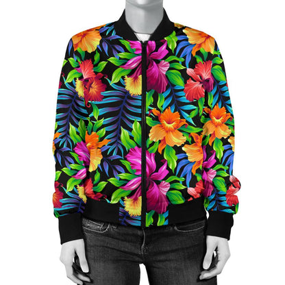 Tropical Flower Colorful Print Women Casual Bomber Jacket