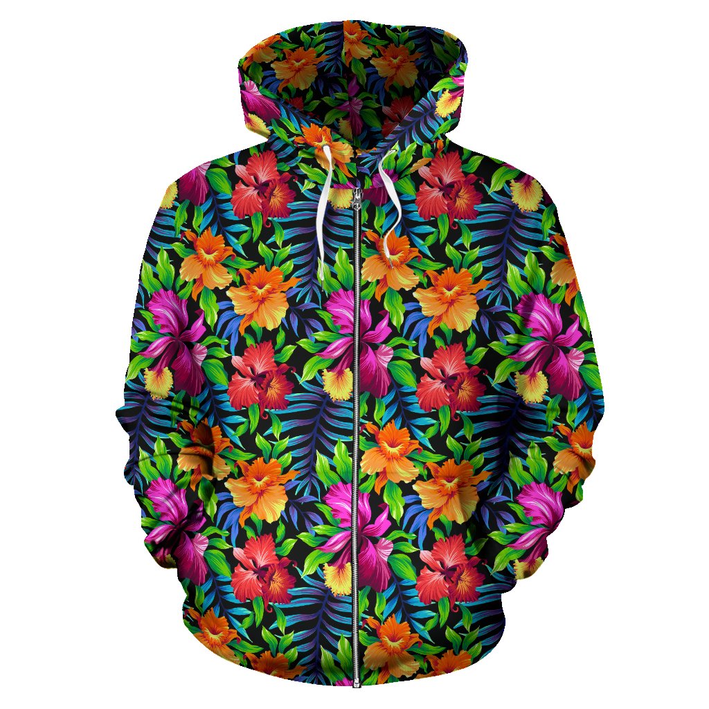 Tropical Flower Colorful Print Zip Up Hoodie