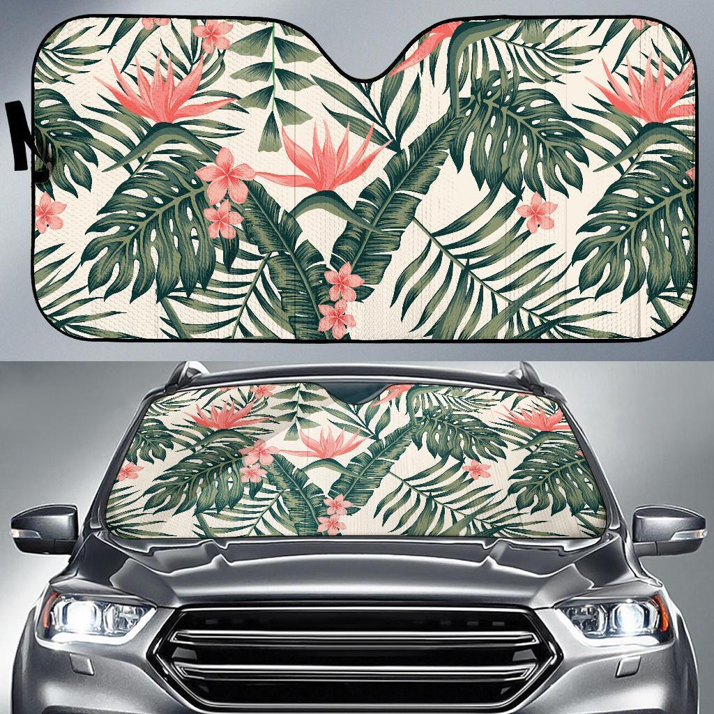 Tropical Flower Palm Leaves Car Sun Shade For Windshield