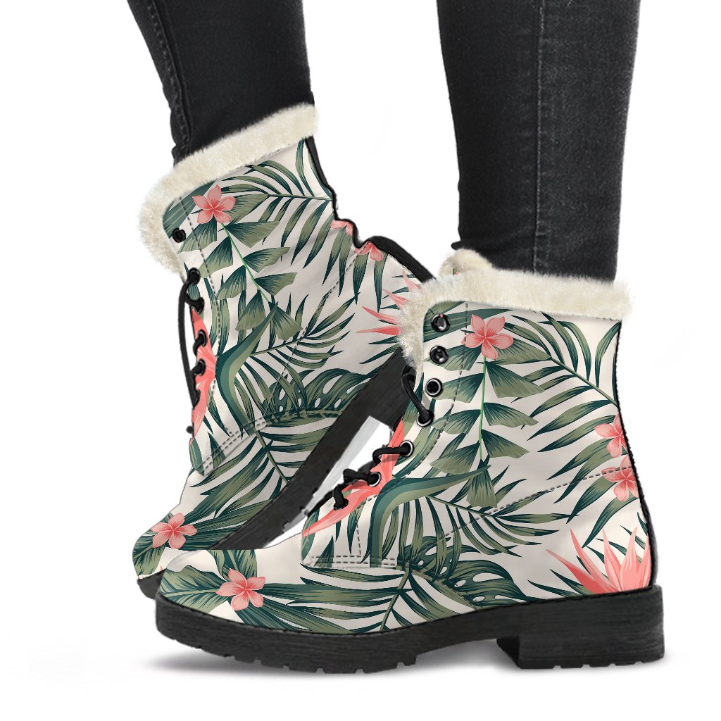 Tropical Flower Palm Leaves Faux Fur Leather Boots-JTAMIGO.COM