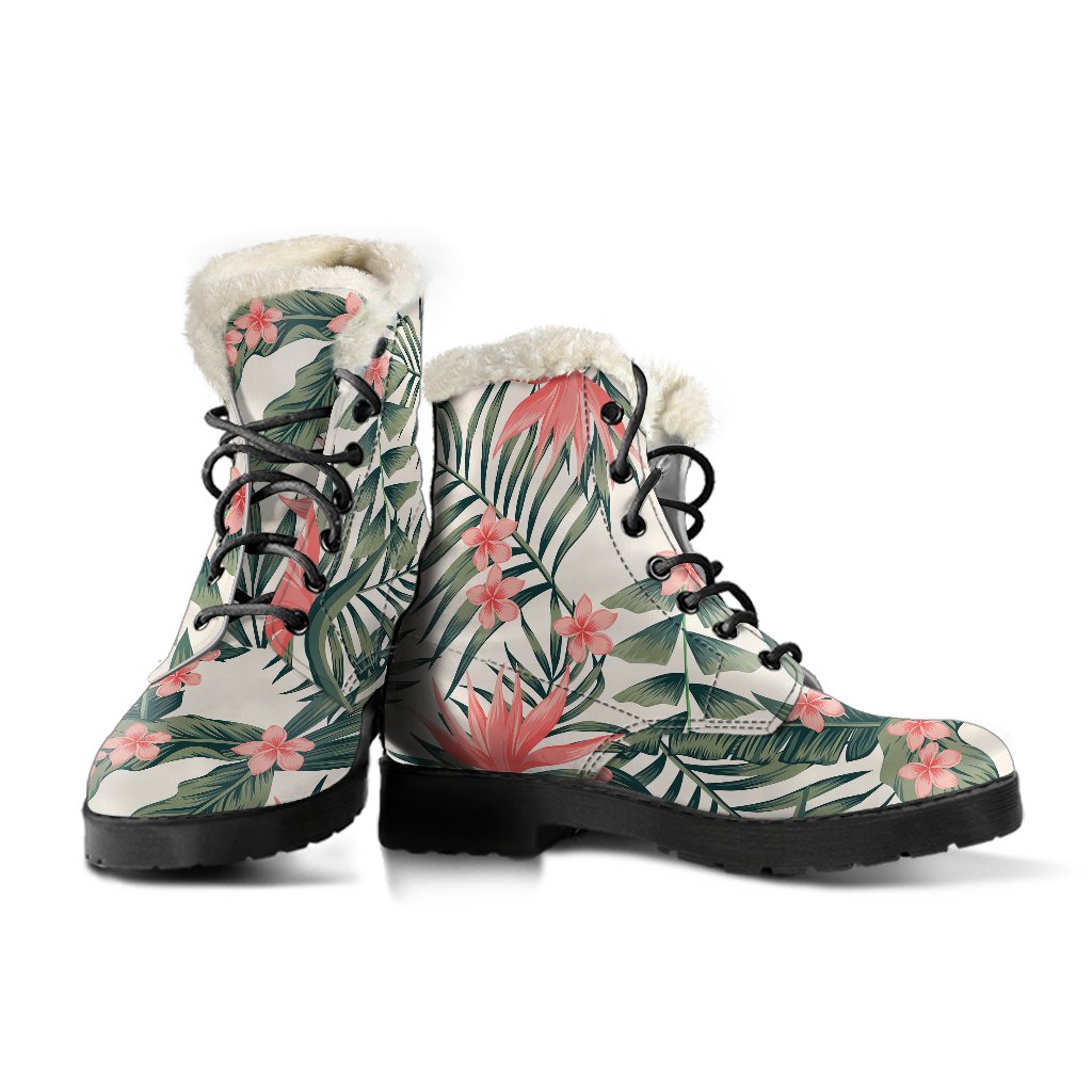 Tropical Flower Palm Leaves Faux Fur Leather Boots-JTAMIGO.COM