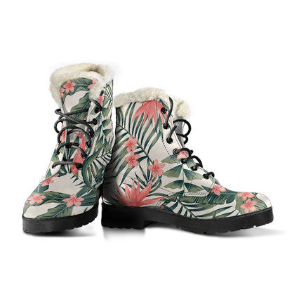Tropical Flower Palm Leaves Faux Fur Leather Boots-JTAMIGO.COM