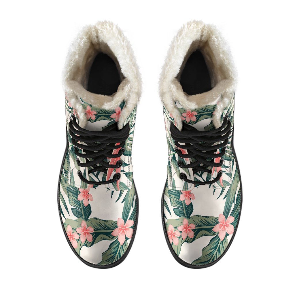 Tropical Flower Palm Leaves Faux Fur Leather Boots-JTAMIGO.COM