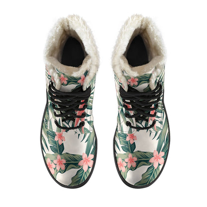 Tropical Flower Palm Leaves Faux Fur Leather Boots-JTAMIGO.COM
