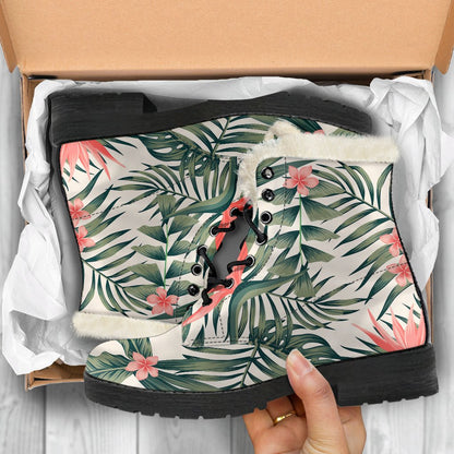 Tropical Flower Palm Leaves Faux Fur Leather Boots-JTAMIGO.COM