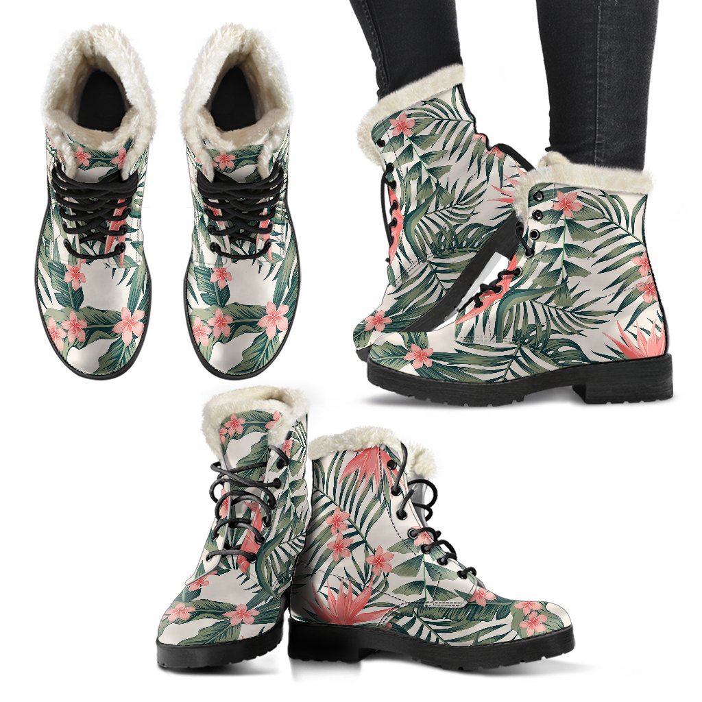 Tropical Flower Palm Leaves Faux Fur Leather Boots-JTAMIGO.COM