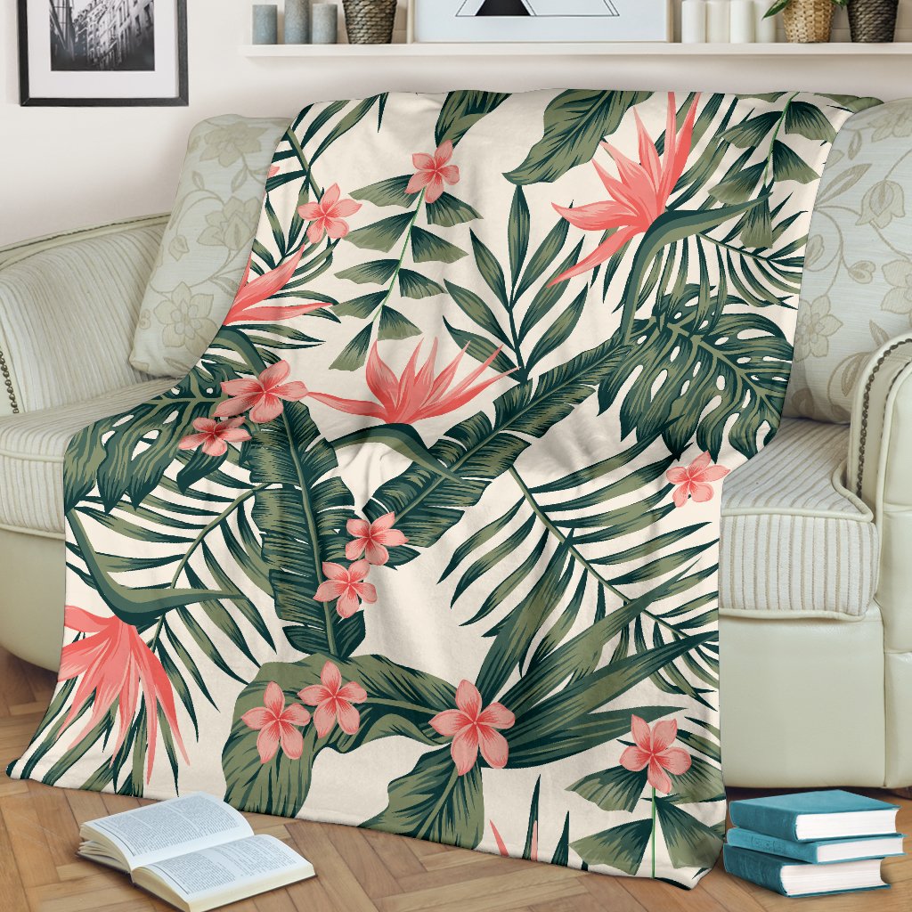 Tropical Flower Palm Leaves Fleece Blanket