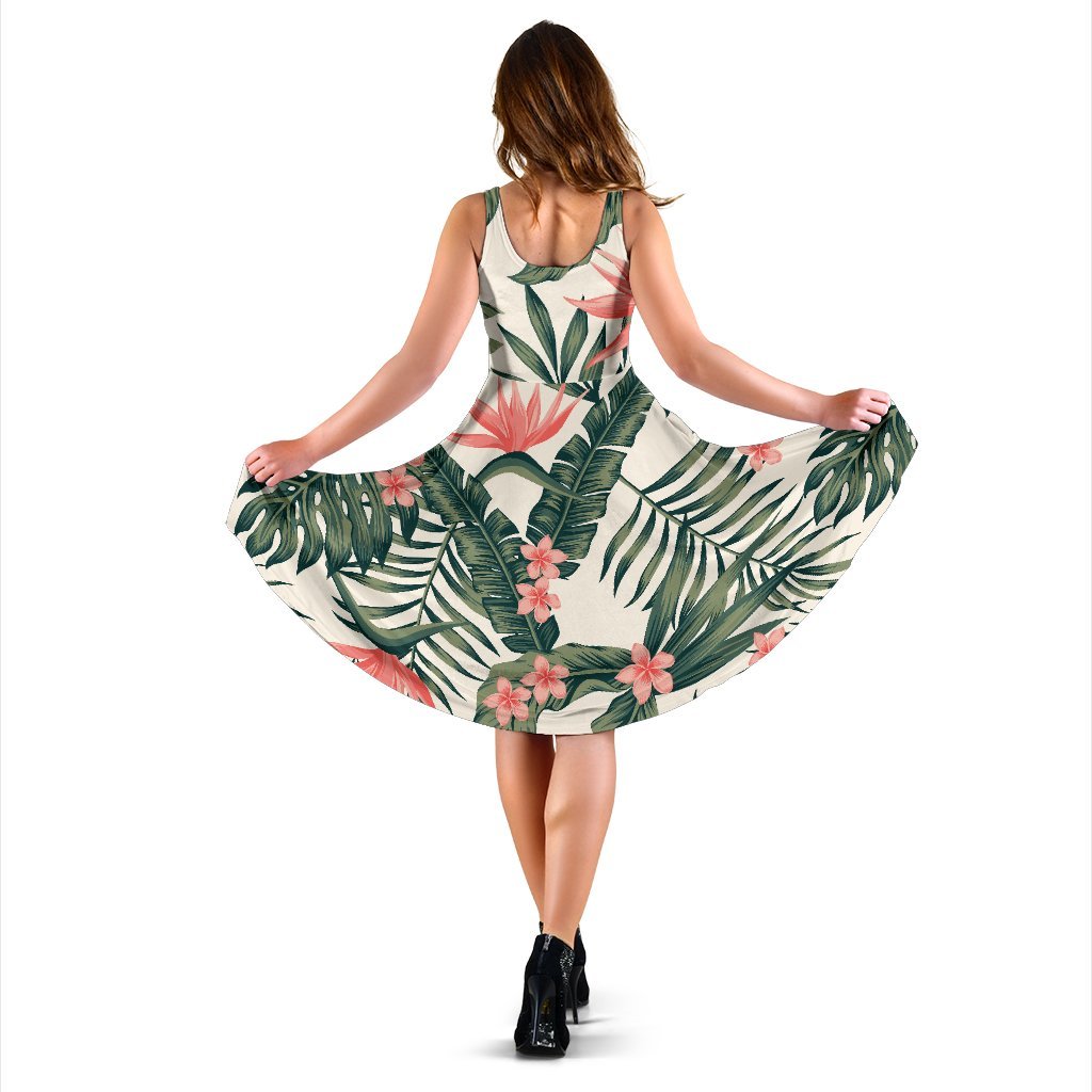 Tropical Flower Palm Leaves Sleeveless Dress