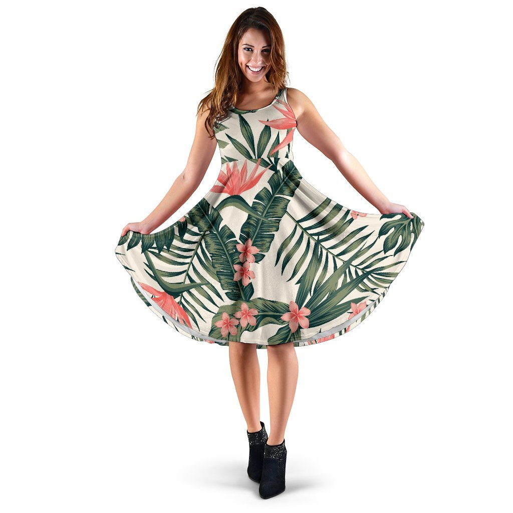 Tropical Flower Palm Leaves Sleeveless Dress