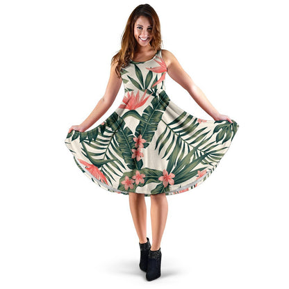 Tropical Flower Palm Leaves Sleeveless Dress