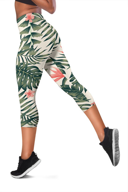 Tropical Flower Palm Leaves Women Capris