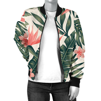 Tropical Flower Palm Leaves Women Casual Bomber Jacket
