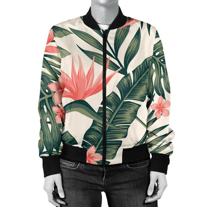 Tropical Flower Palm Leaves Women Casual Bomber Jacket