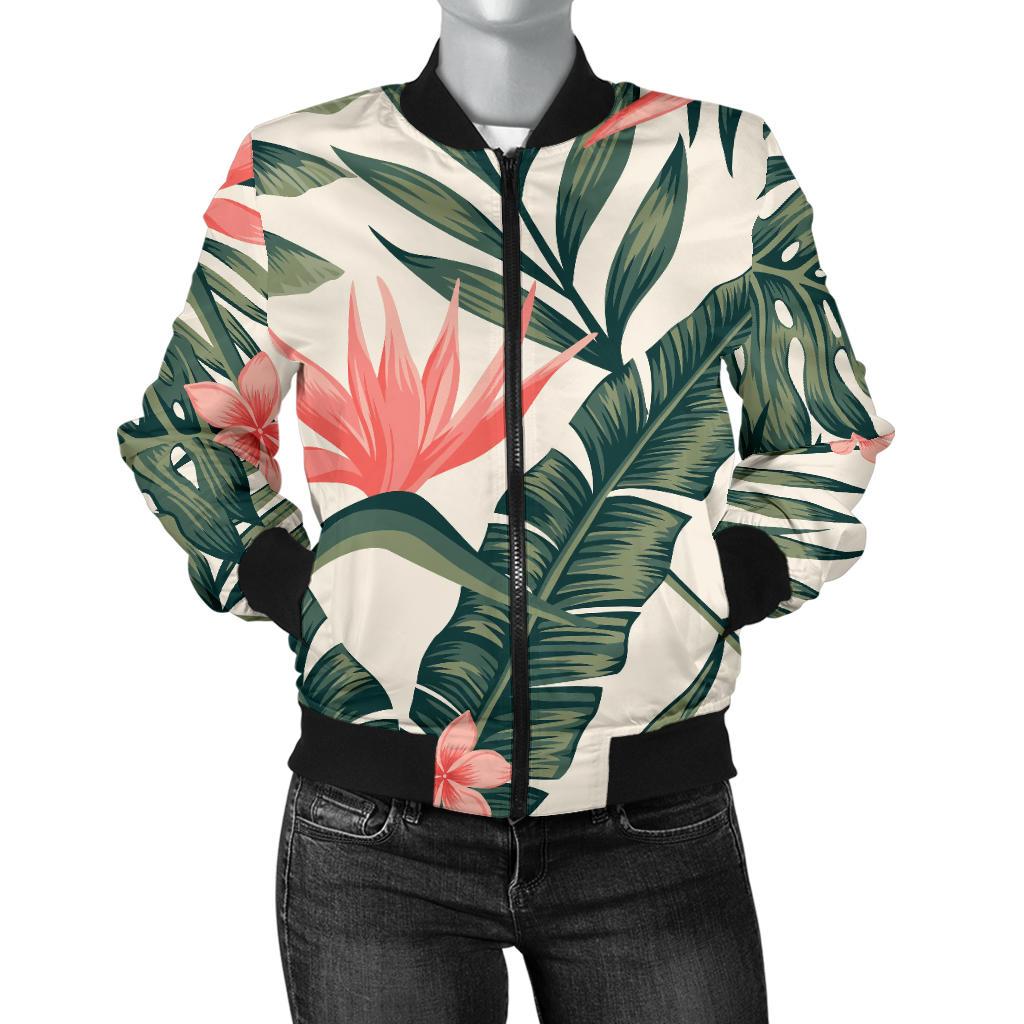 Tropical Flower Palm Leaves Women Casual Bomber Jacket