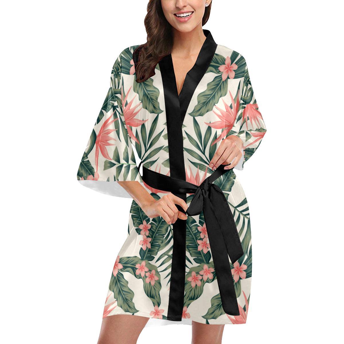 Tropical Flower Palm Leaves Women Short Kimono Robe