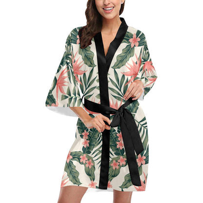 Tropical Flower Palm Leaves Women Short Kimono Robe