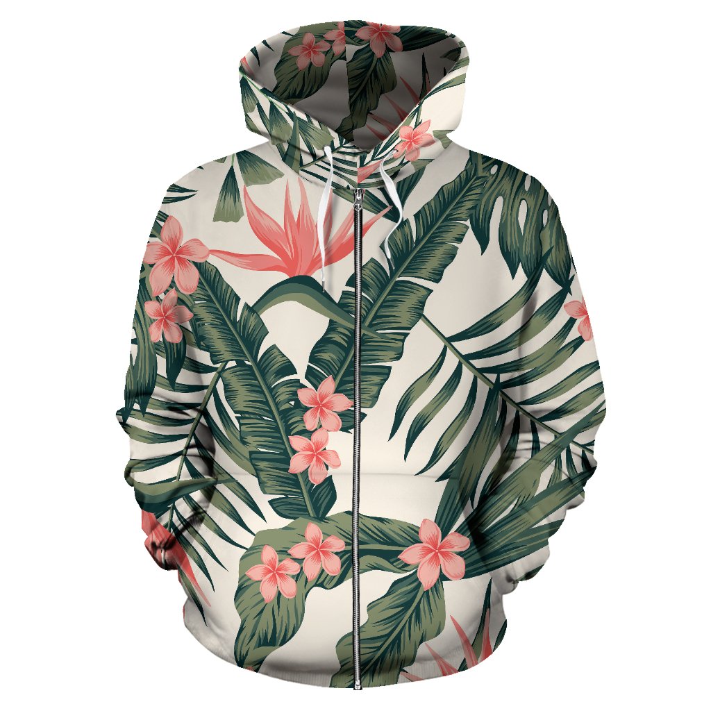 Tropical Flower Palm Leaves Zip Up Hoodie