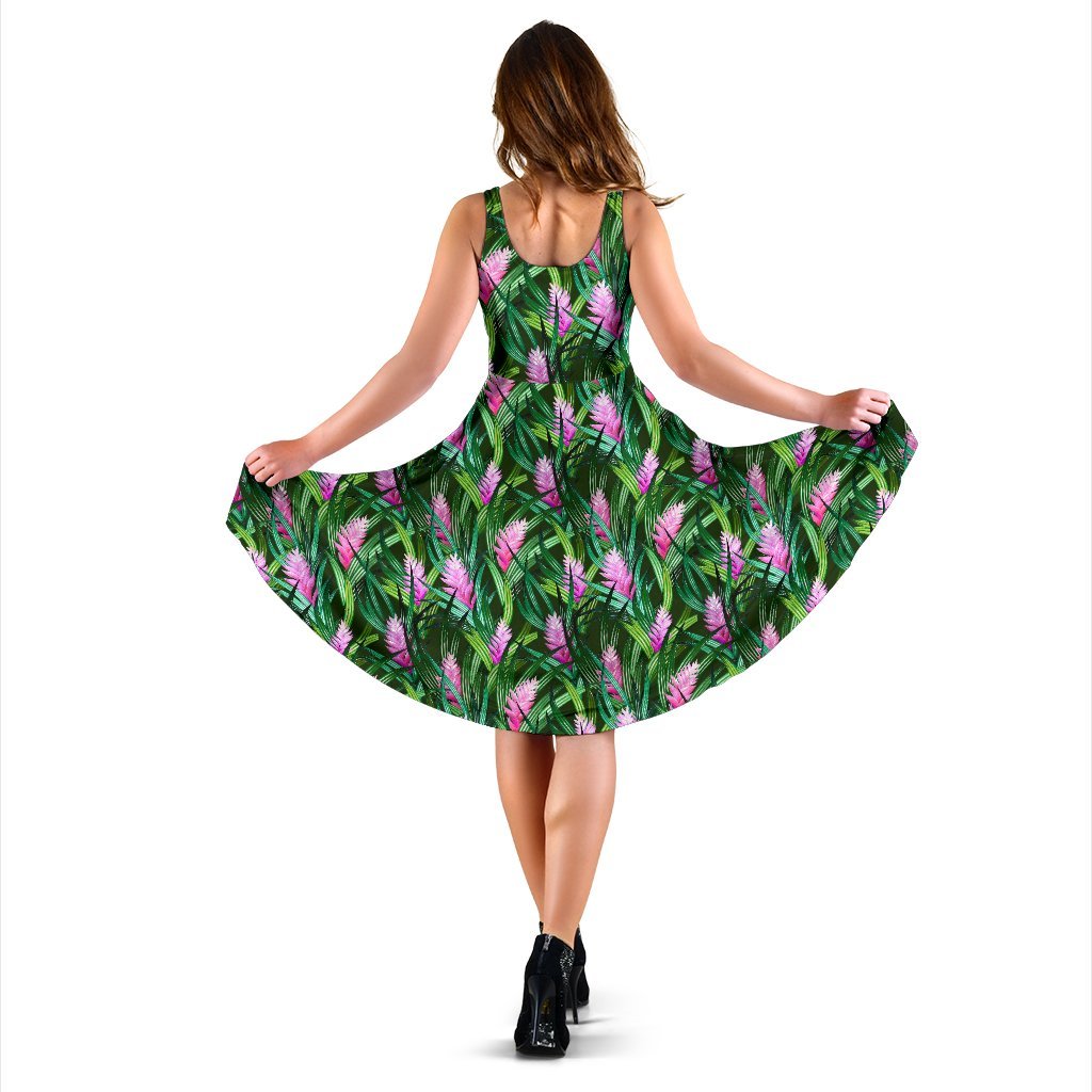 Tropical Flower Pink Heliconia Print Sleeveless Dress