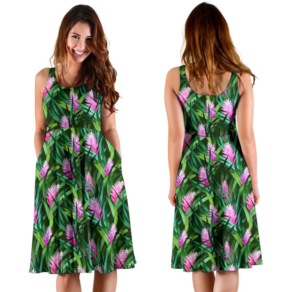 Tropical Flower Pink Heliconia Print Sleeveless Dress