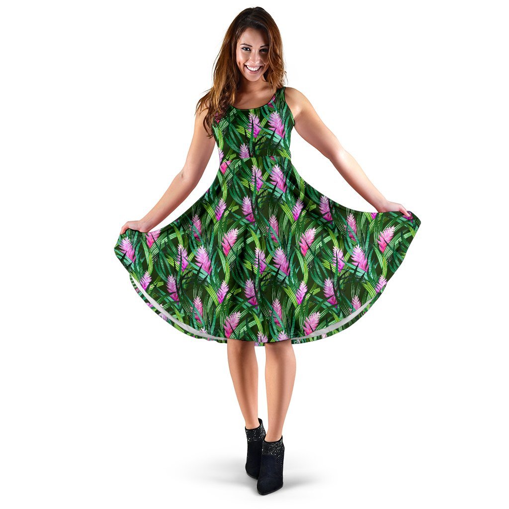Tropical Flower Pink Heliconia Print Sleeveless Dress