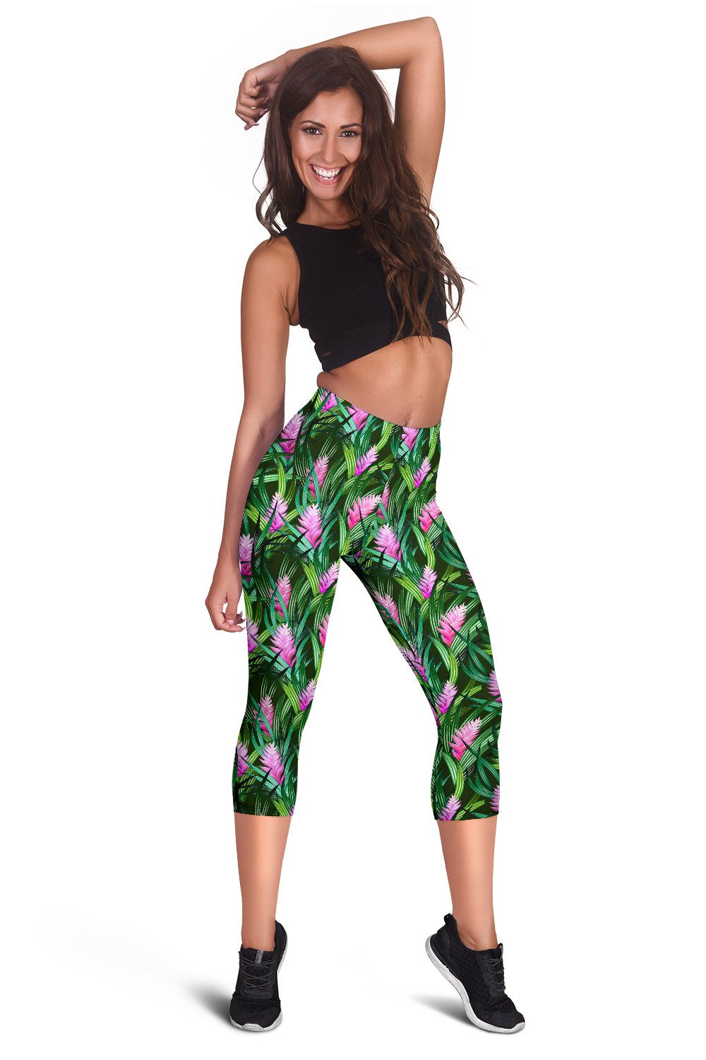 Tropical Flower Pink Heliconia Print Women Capris