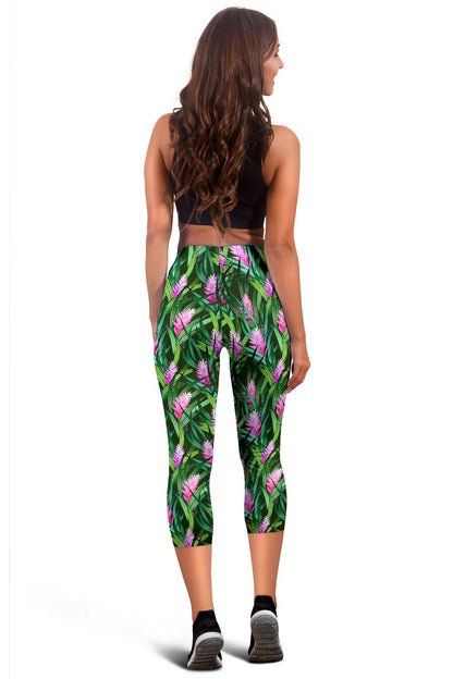 Tropical Flower Pink Heliconia Print Women Capris