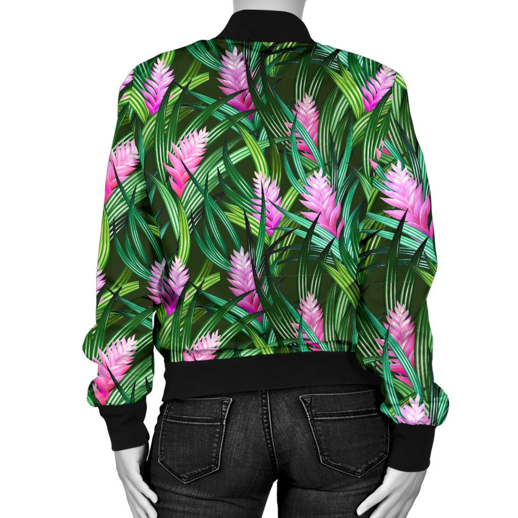 Tropical Flower Pink Heliconia Print Women Casual Bomber Jacket