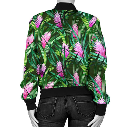 Tropical Flower Pink Heliconia Print Women Casual Bomber Jacket