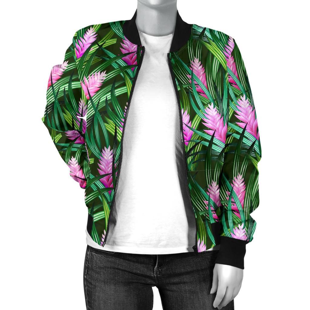 Tropical Flower Pink Heliconia Print Women Casual Bomber Jacket