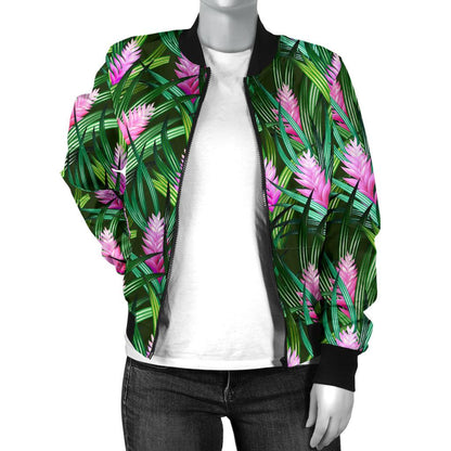 Tropical Flower Pink Heliconia Print Women Casual Bomber Jacket