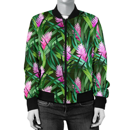 Tropical Flower Pink Heliconia Print Women Casual Bomber Jacket
