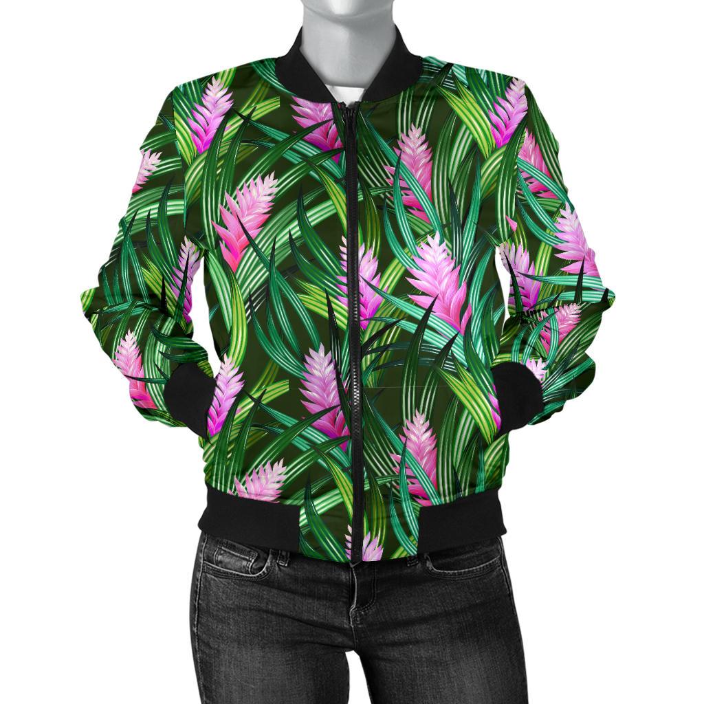 Tropical Flower Pink Heliconia Print Women Casual Bomber Jacket