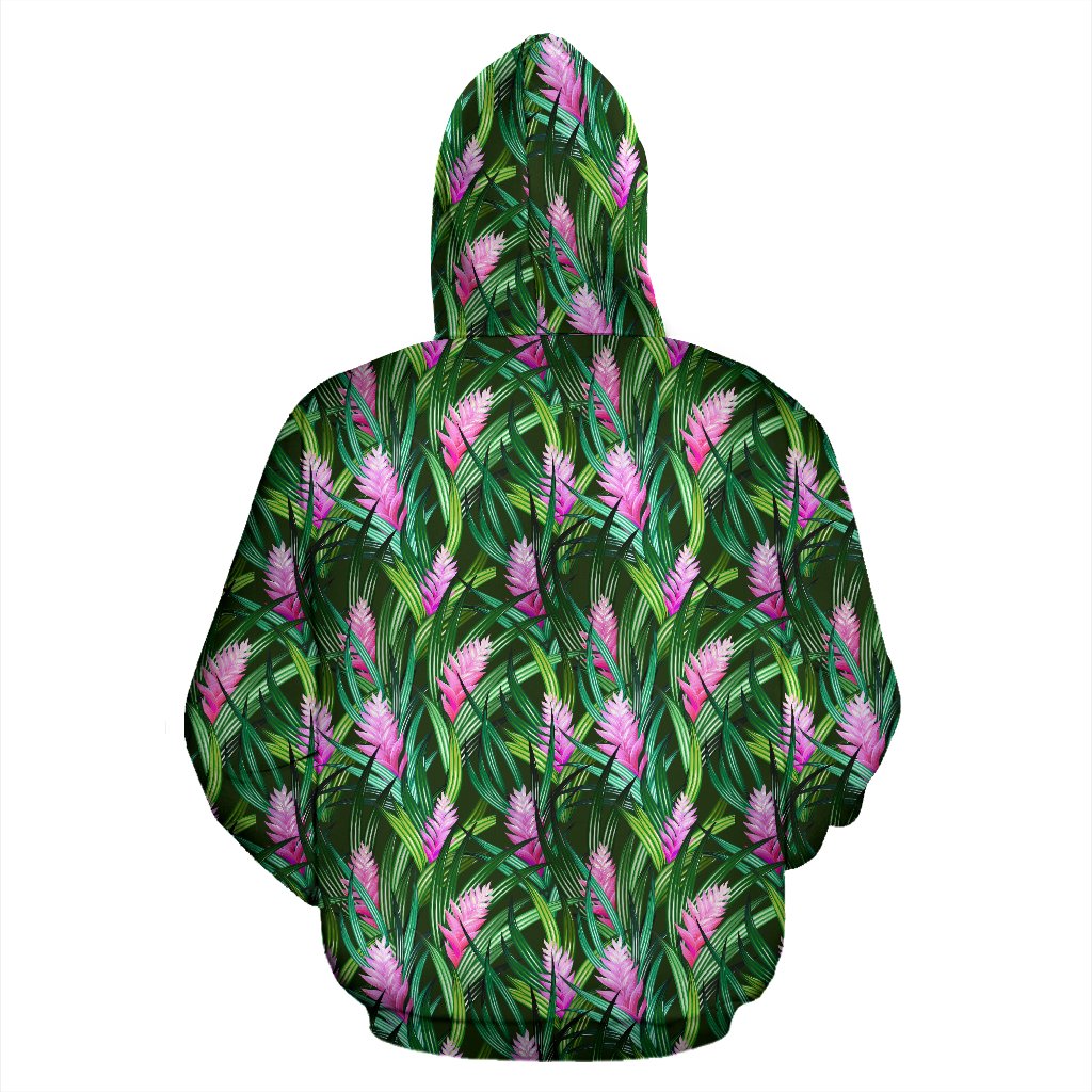 Tropical Flower Pink Heliconia Print Zip Up Hoodie