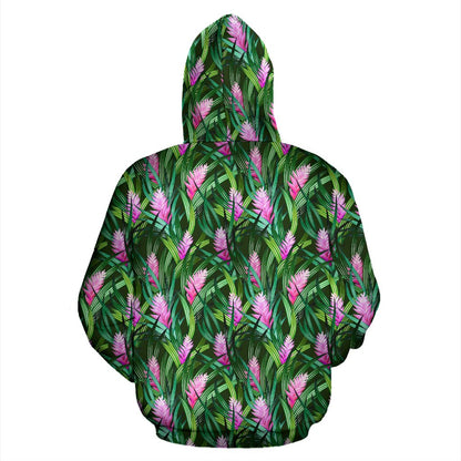 Tropical Flower Pink Heliconia Print Zip Up Hoodie