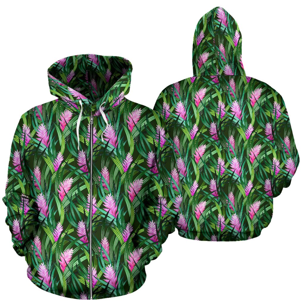 Tropical Flower Pink Heliconia Print Zip Up Hoodie