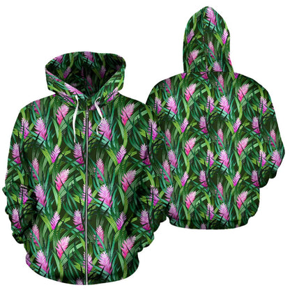 Tropical Flower Pink Heliconia Print Zip Up Hoodie
