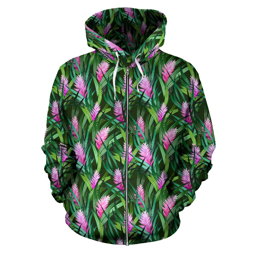 Tropical Flower Pink Heliconia Print Zip Up Hoodie